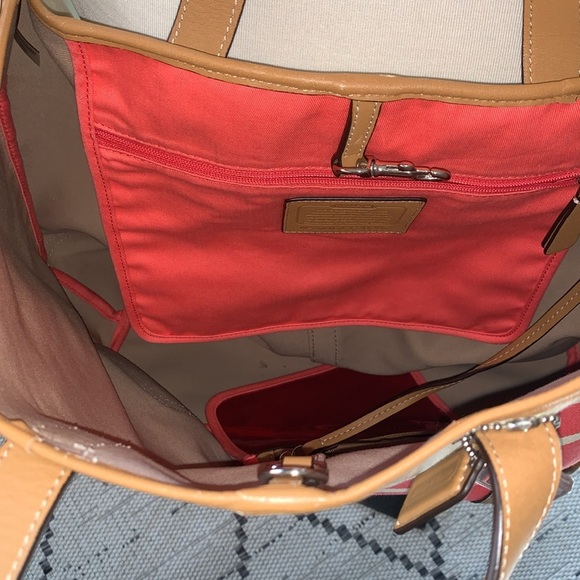 BNWOT Hadley Variegated Striped Duffle Coral Canvas Leather Bag by COACH - Picture 4 of 15
